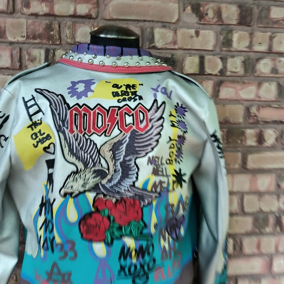 Robert Phillipe Graphic Cropped Jacket Faux Leather Biker Rocker Studded XL - Picture 5 of 13